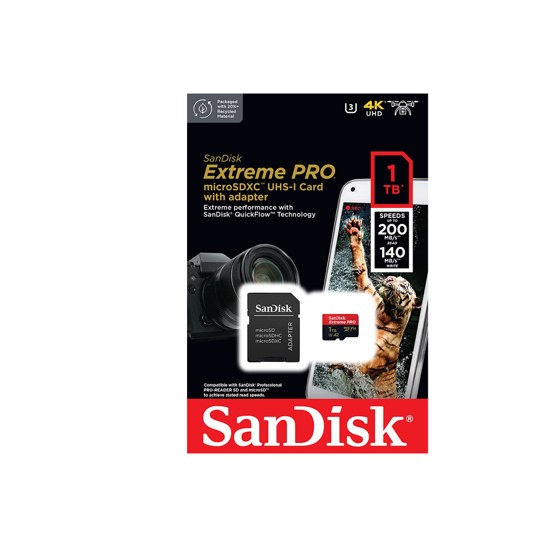سانديسك اكستريم برو 1 تيرابايت microSDXC UHS-I، V30، قراءة 200 ميجابايت/ثانية، كتابة 140 ميجابايت/ثانية، بطاقة ذاكرة سانديسك اكستريم برو 1 تيرابايت microSDXC UHS-I، V30، قراءة 200 ميجابايت/ثانية، كتابة 140 ميجابايت/ثانية، بطاقة ذاكرة